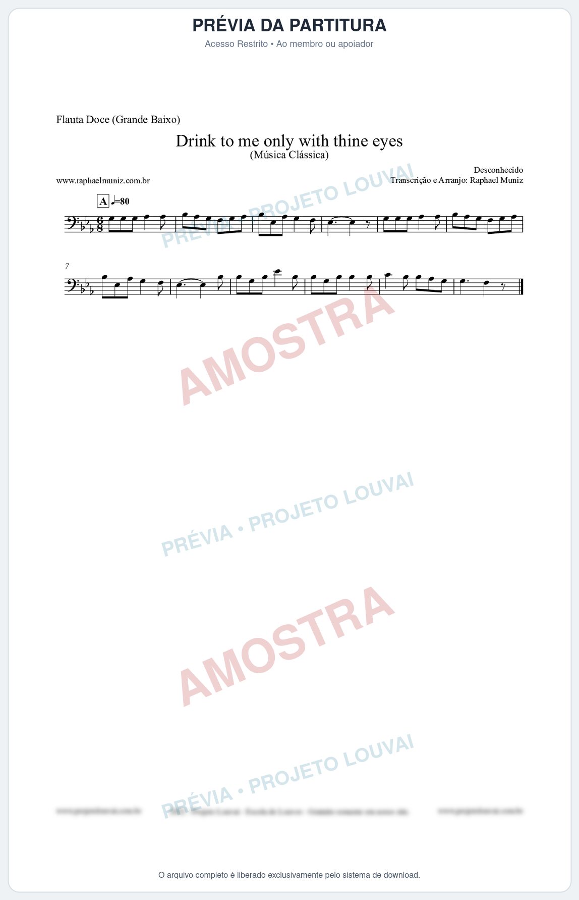 Prévia protegida da primeira página da partitura Partitura para Flauta Doce (Grande Baixo) - Drink to me only with thine eyes - Música Clássica