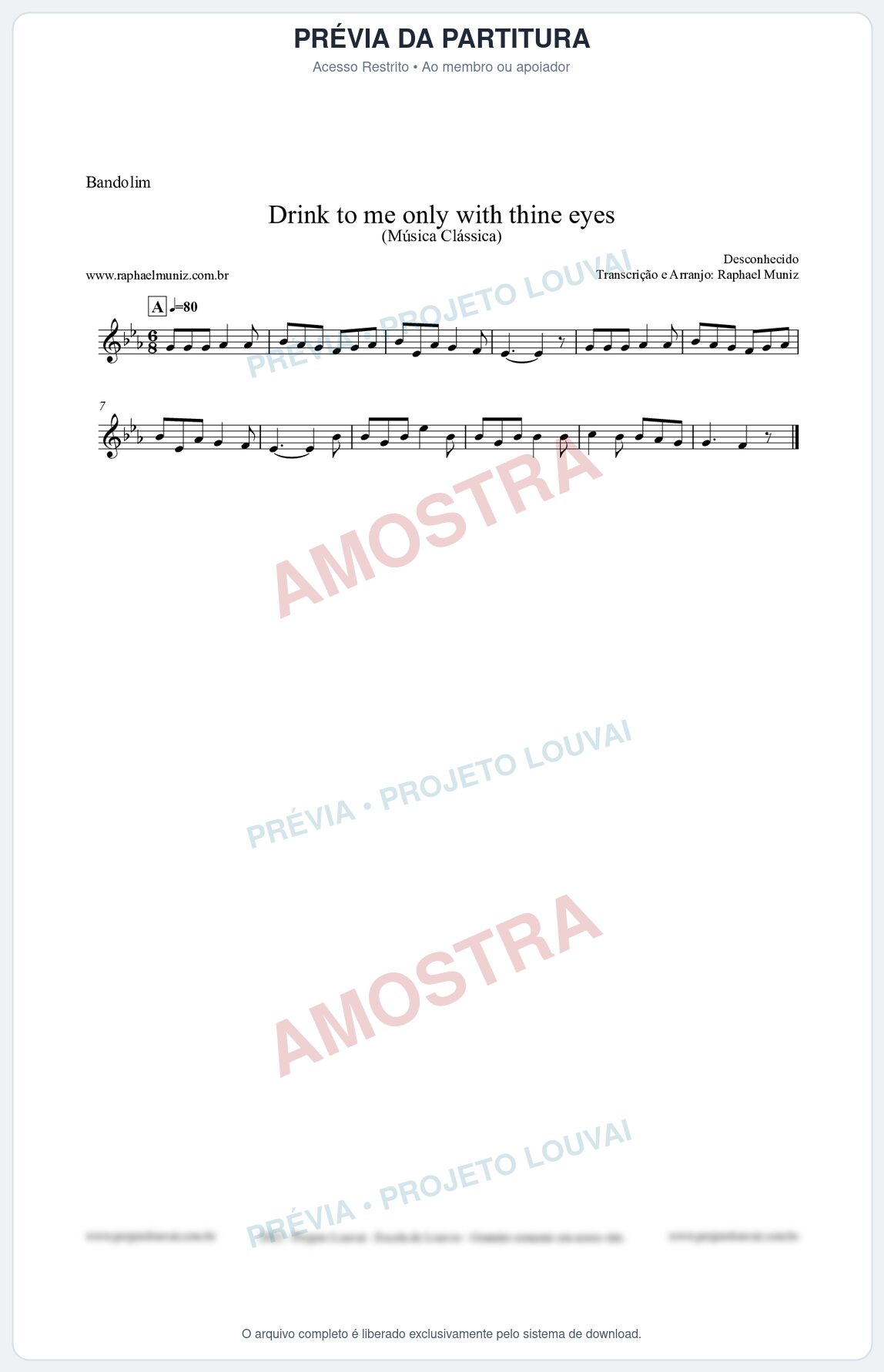Prévia protegida da primeira página da partitura Partitura para Bandolim - Drink to me only with thine eyes - Música Clássica