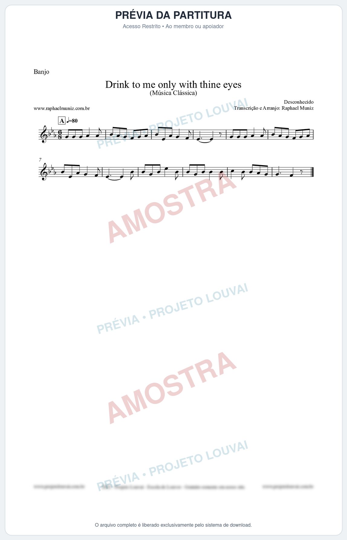 Prévia protegida da primeira página da partitura Partitura para Banjo - Drink to me only with thine eyes - Música Clássica