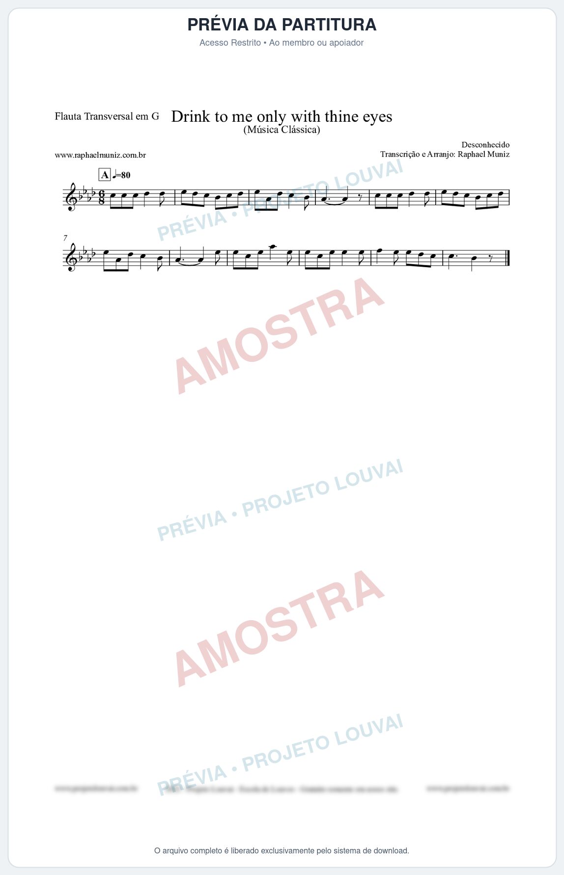 Prévia protegida da primeira página da partitura Partitura para Flauta Transversal em G - Drink to me only with thine eyes - Música Clássica