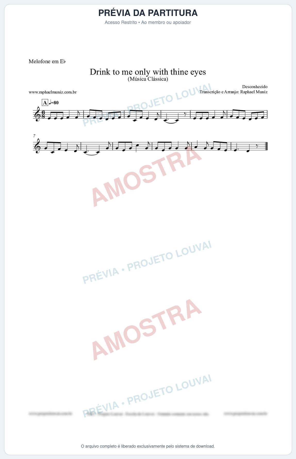 Prévia protegida da primeira página da partitura Partitura para Melofone em Eb - Drink to me only with thine eyes - Música Clássica