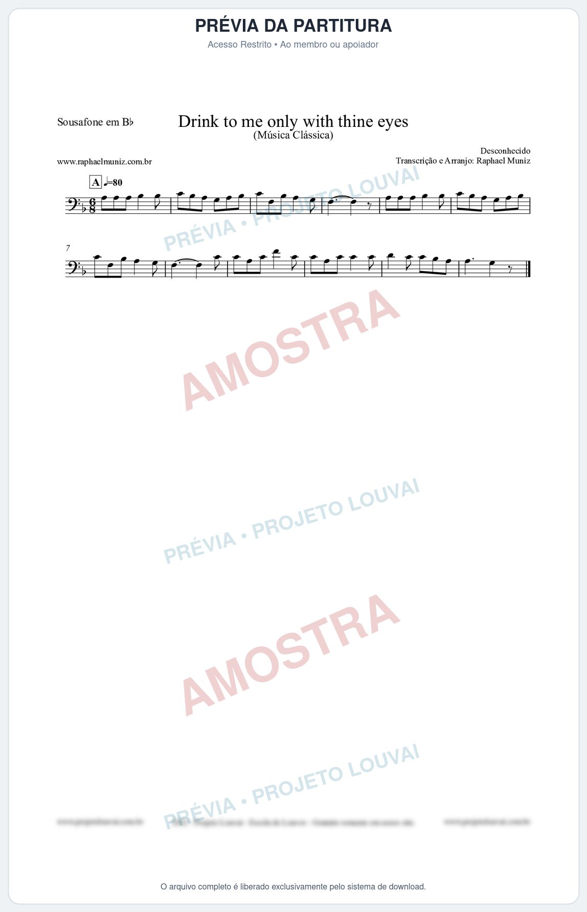 Prévia protegida da primeira página da partitura Partitura para Sousafone em Bb - Drink to me only with thine eyes - Música Clássica