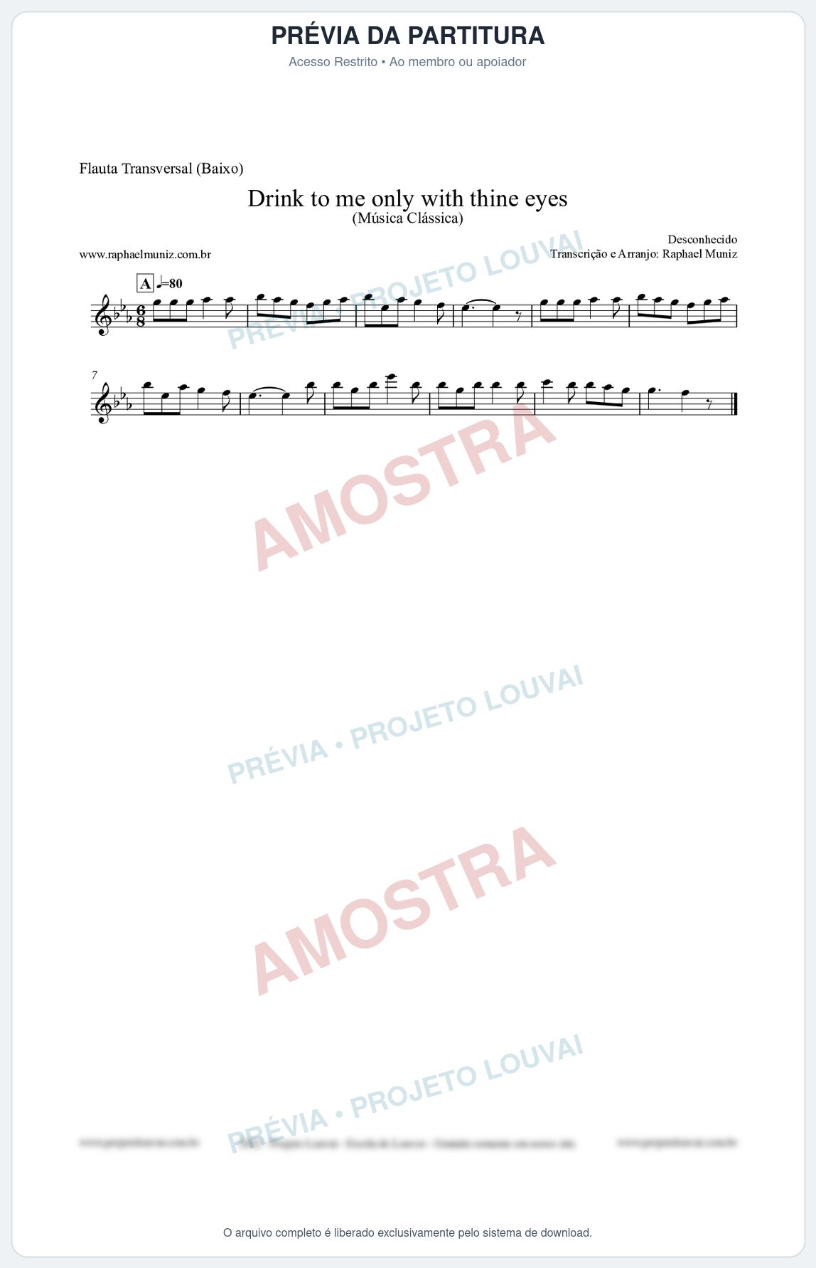 Prévia protegida da primeira página da partitura Partitura para Flauta Transversal (Baixo) - Drink to me only with thine eyes - Música Clássica