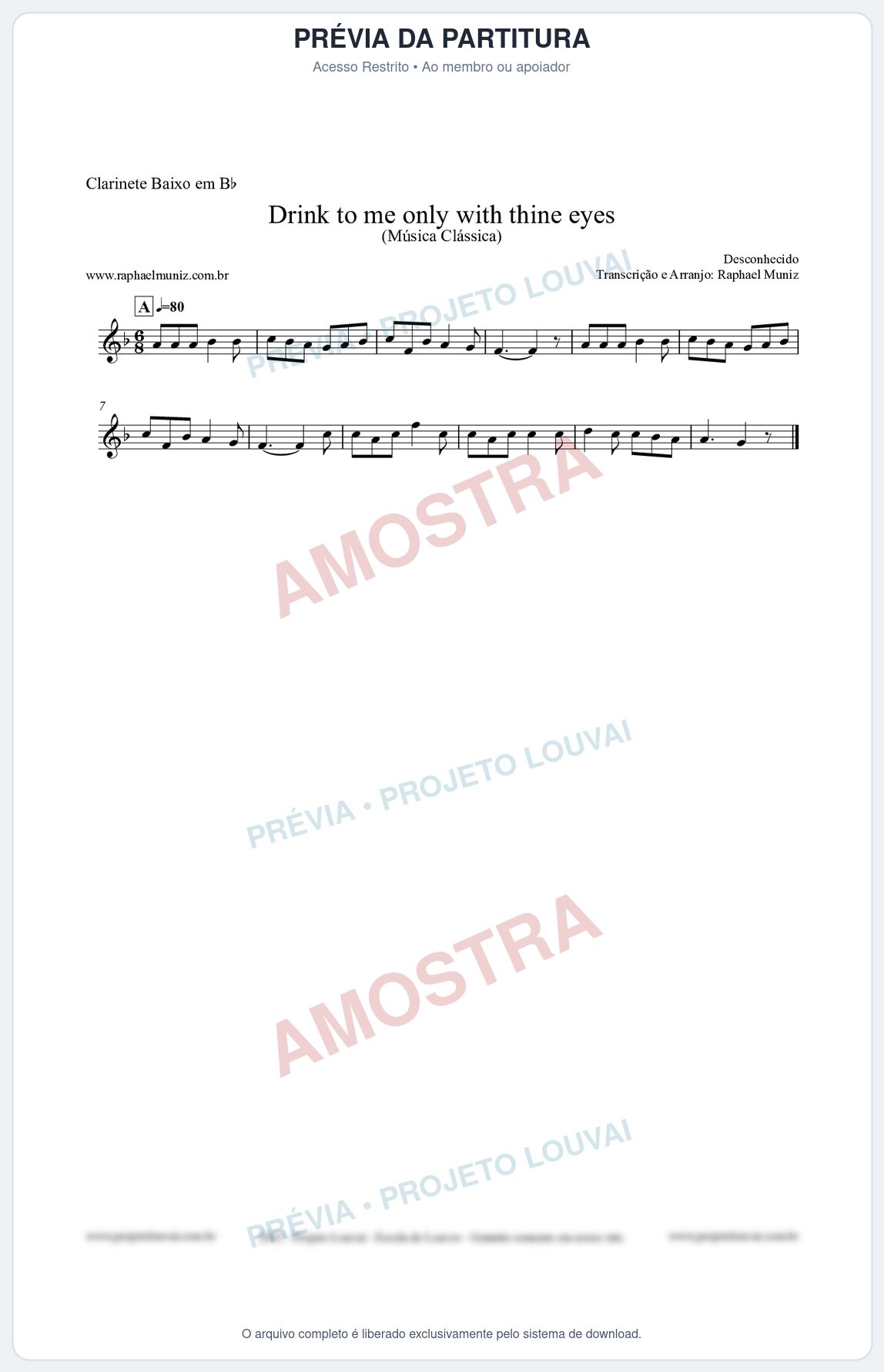 Prévia protegida da primeira página da partitura Partitura para Clarinete Baixo em Bb - Drink to me only with thine eyes - Música Clássica