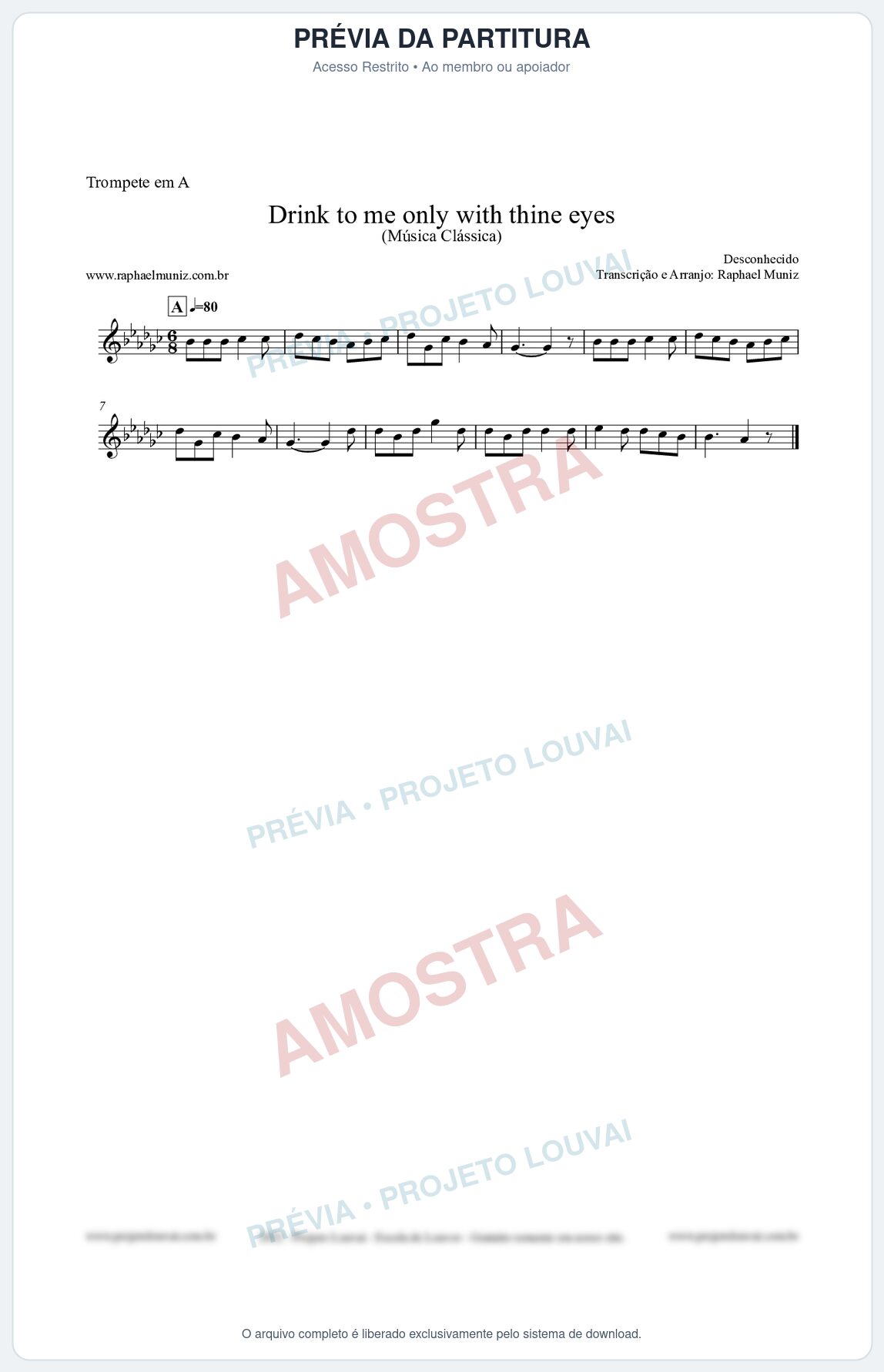 Prévia protegida da primeira página da partitura Partitura para Trompete em A - Drink to me only with thine eyes - Música Clássica
