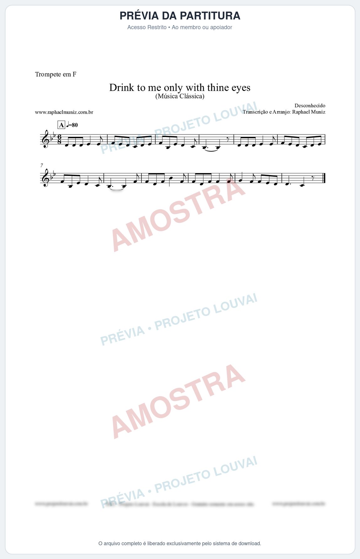 Prévia protegida da primeira página da partitura Partitura para Trompete em F - Drink to me only with thine eyes - Música Clássica