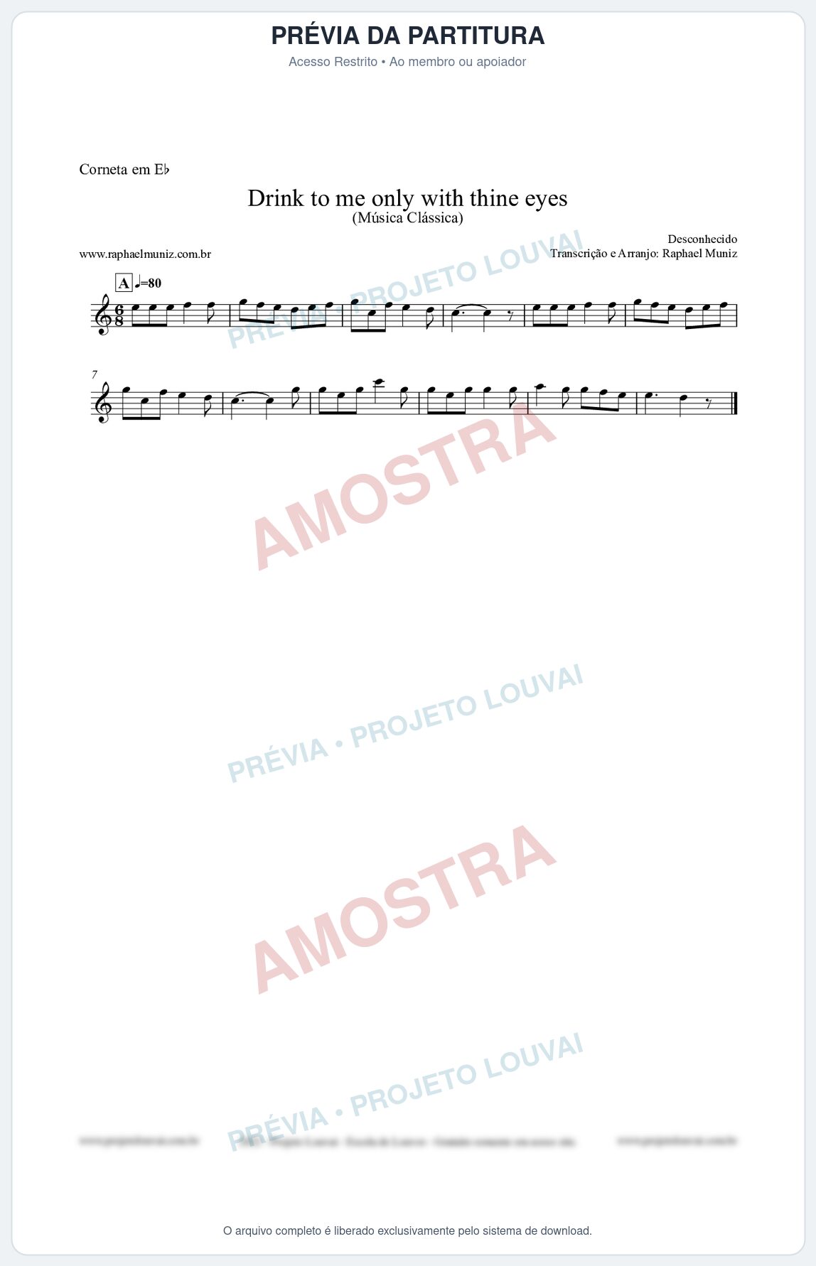 Prévia protegida da primeira página da partitura Partitura para Corneta em Eb - Drink to me only with thine eyes - Música Clássica