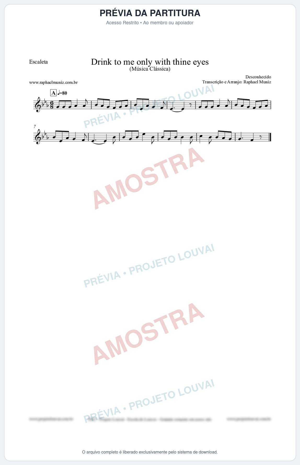 Prévia protegida da primeira página da partitura Partitura para Escaleta - Drink to me only with thine eyes - Música Clássica