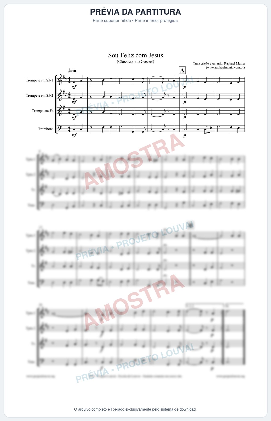 Prévia protegida da primeira página da partitura Partitura para Quarteto de Metais (Trompete 1, Trompete 2, Trompa e Trombone)  - Sou Feliz com Jesus - HCC nº329 - Clássicos do Gospel