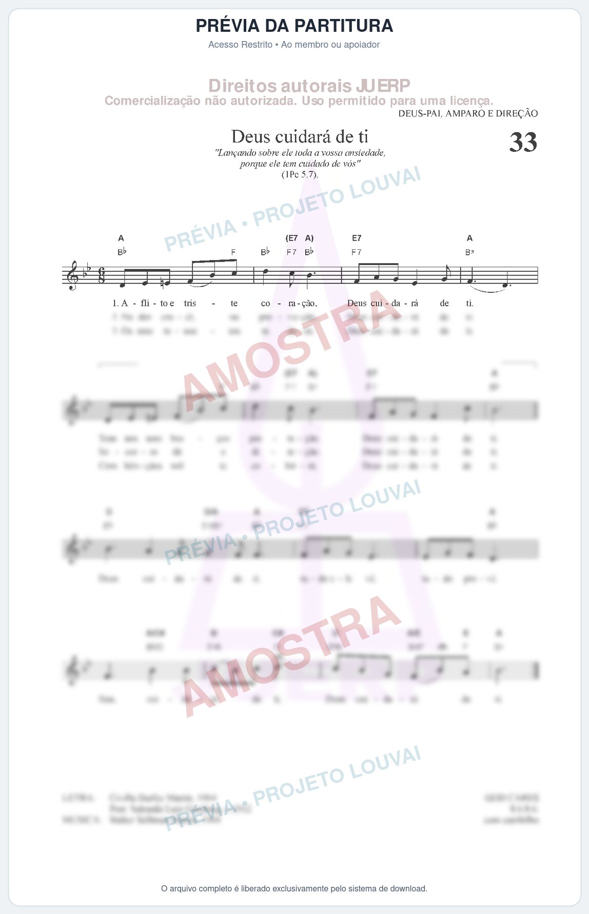 Prévia protegida da primeira página da partitura Partitura para Clarinete em Dó - Deus cuidará de ti - HCC nº33 - Clássicos do Gospel