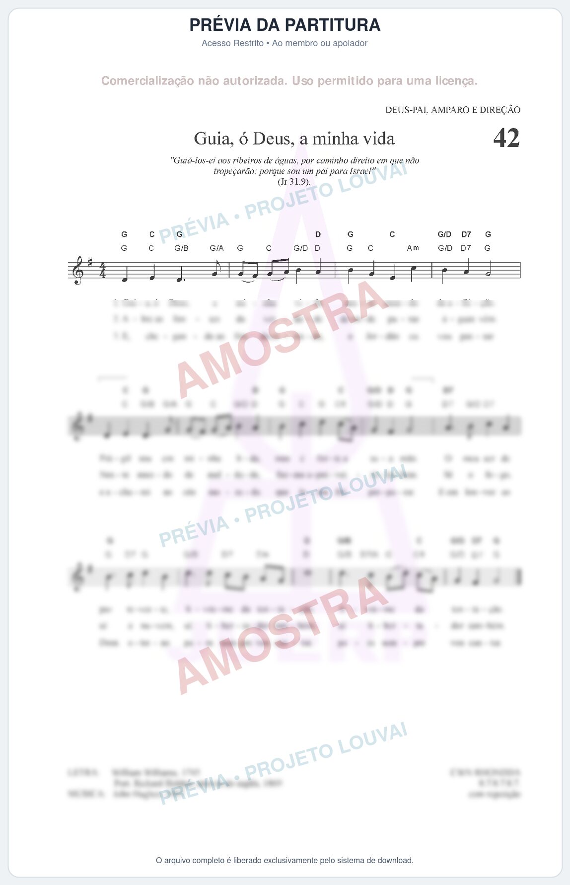 Prévia protegida da primeira página da partitura Partitura para Clarinete em Dó - Guia, ó Deus, a minha vida - HCC nº42 - Clássicos do Gospel