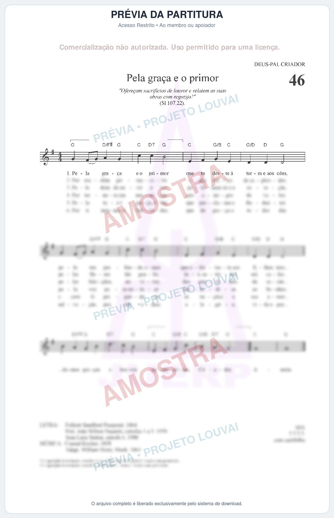 Prévia protegida da primeira página da partitura Partitura para Clarinete em Lá - Pela graça e o primor - HCC nº46 - Clássicos do Gospel