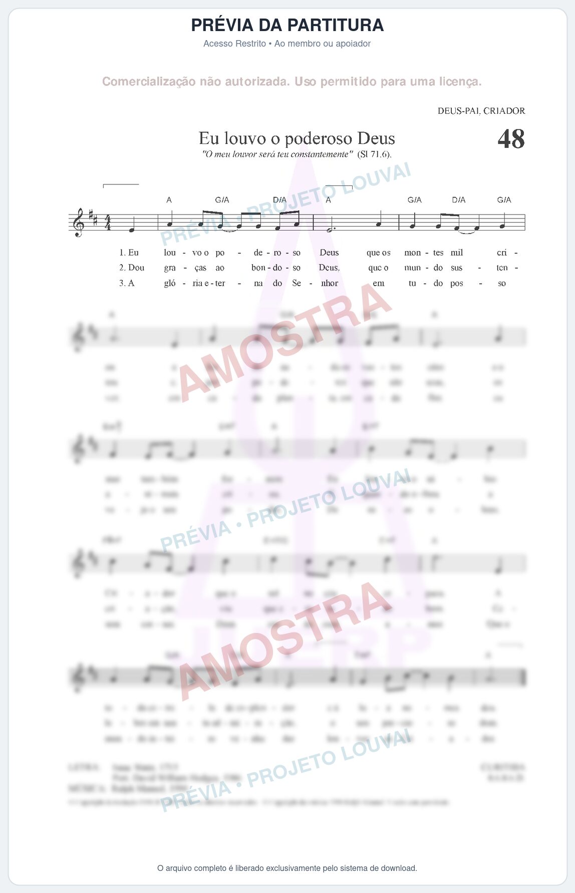 Prévia protegida da primeira página da partitura Partitura para Clarinete em Lá - Eu louvo o poderoso Deus - HCC nº48 - Clássicos do Gospel