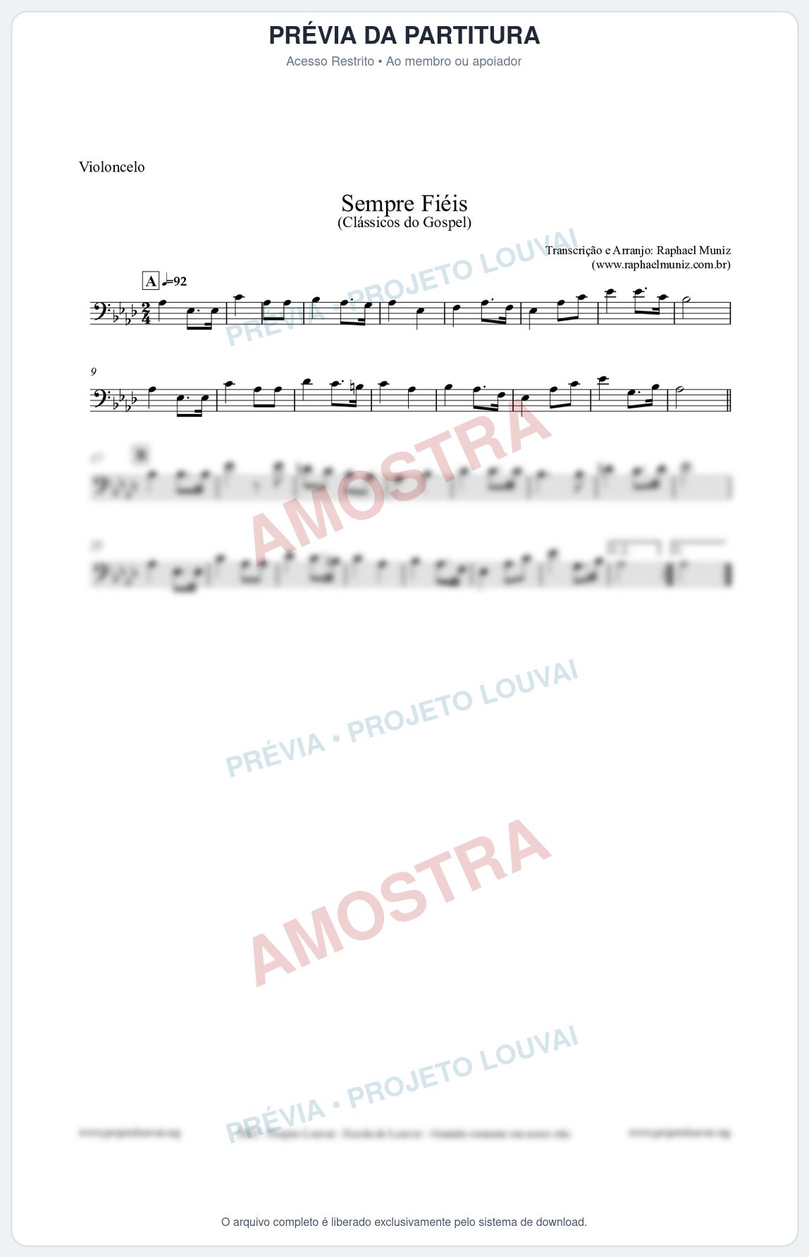 Prévia protegida da primeira página da partitura Partitura para Violoncelo - Sempre Fiéis - Harpa Cristã nº50 - Clássicos do Gospel