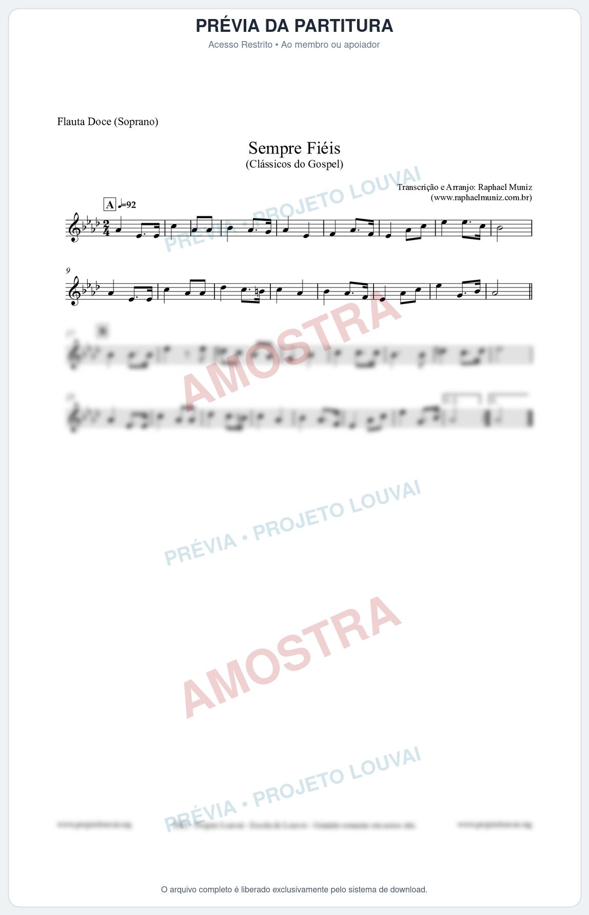 Prévia protegida da primeira página da partitura Partitura para Flauta Doce (Soprano) - Sempre Fiéis - Harpa Cristã nº50 - Clássicos do Gospel