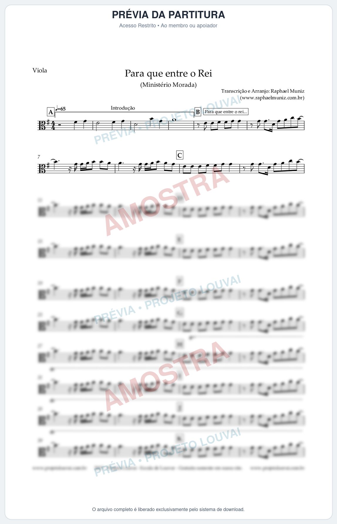 Prévia protegida da primeira página da partitura Partitura para Viola - Para que Entre o Rei - Ministério Morada
