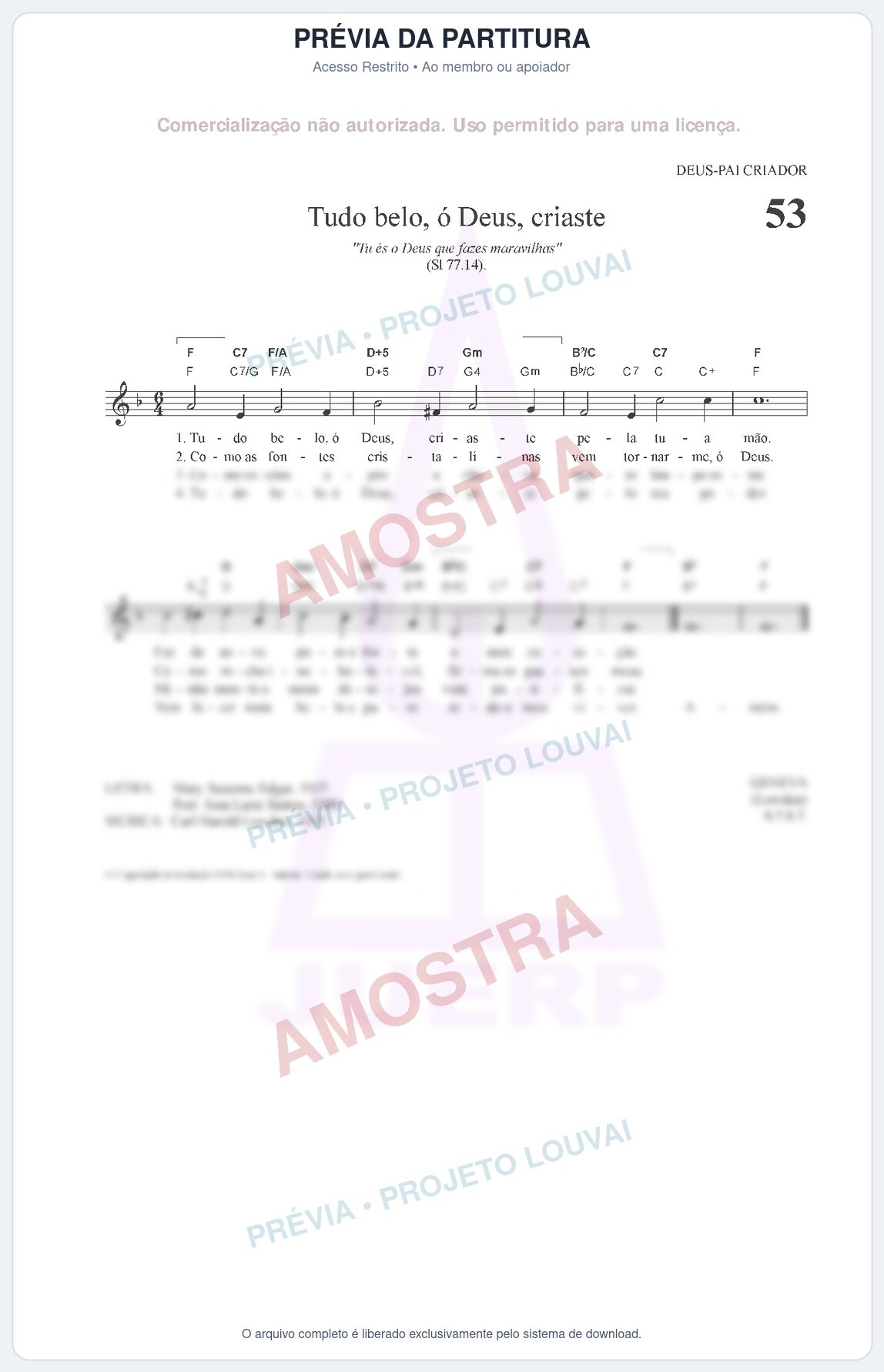 Prévia protegida da primeira página da partitura Partitura para Clarinete em Lá - Tudo belo, ó Deus, criaste - HCC nº53 - Clássicos do Gospel