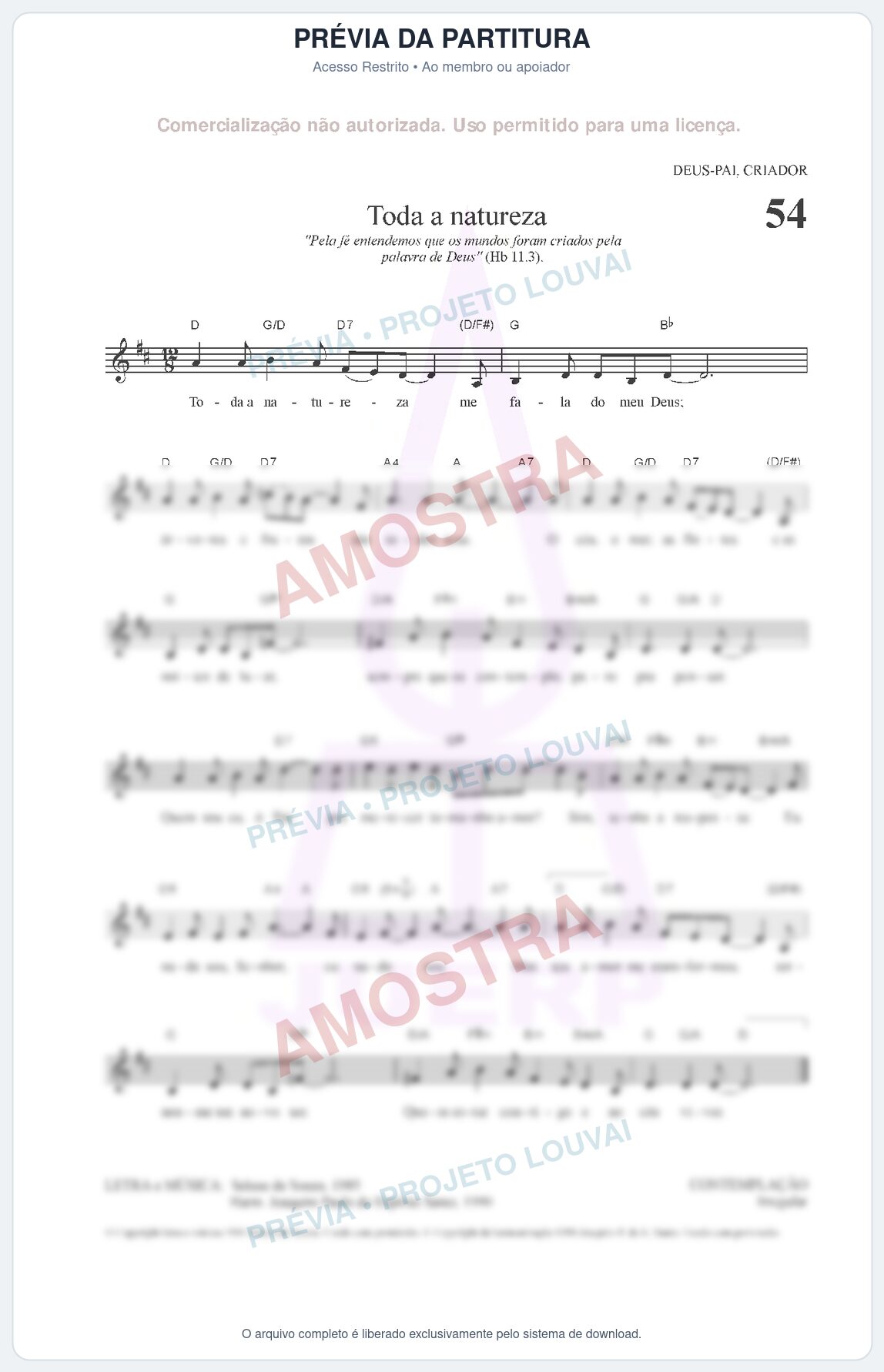 Prévia protegida da primeira página da partitura Partitura para Clarinete em Lá - Toda a Natureza - HCC nº54 - Clássicos do Gospel