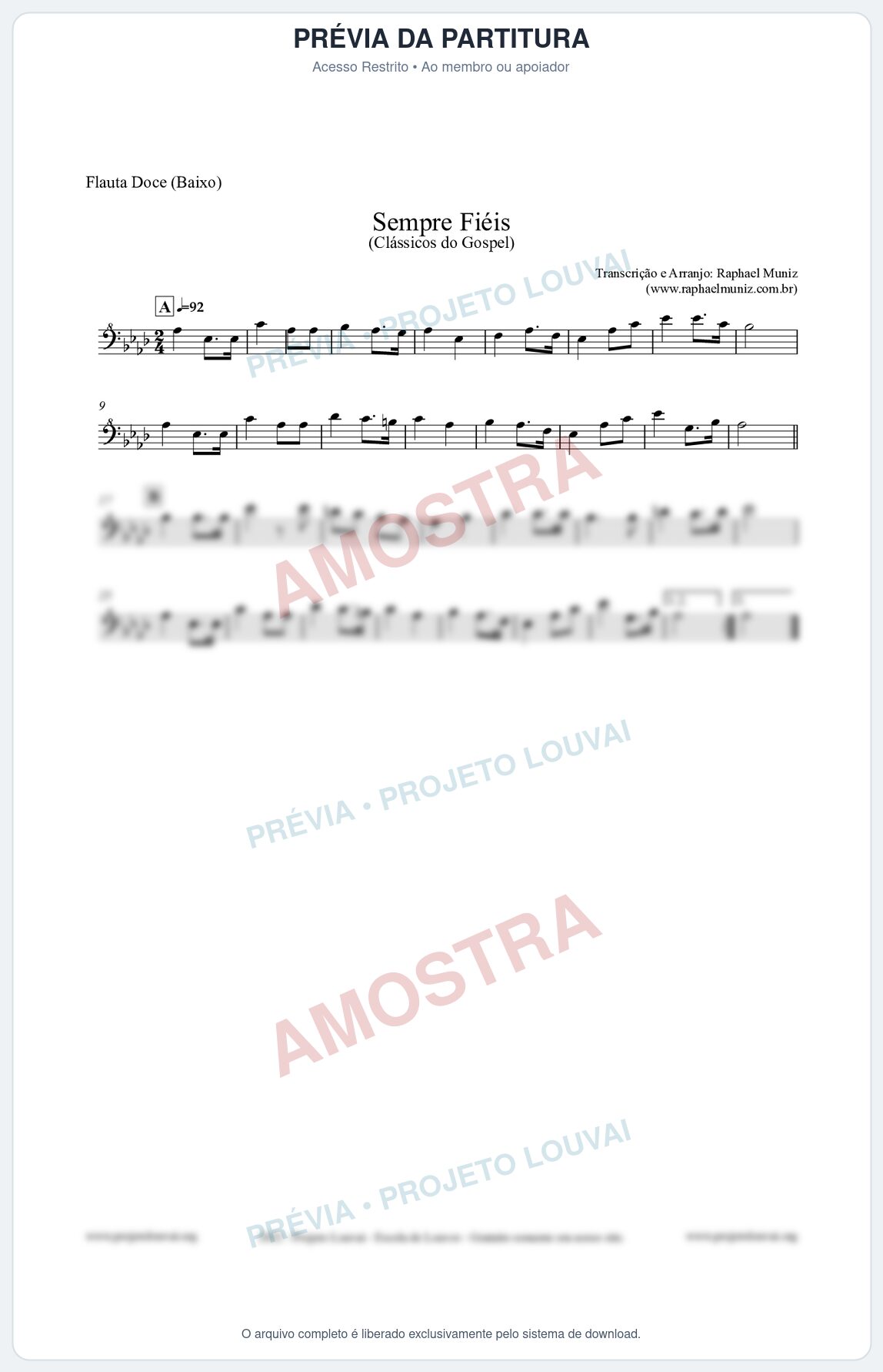 Prévia protegida da primeira página da partitura Partitura para Flauta Doce (Baixo) - Sempre Fiéis - Harpa Cristã nº50 - Clássicos do Gospel
