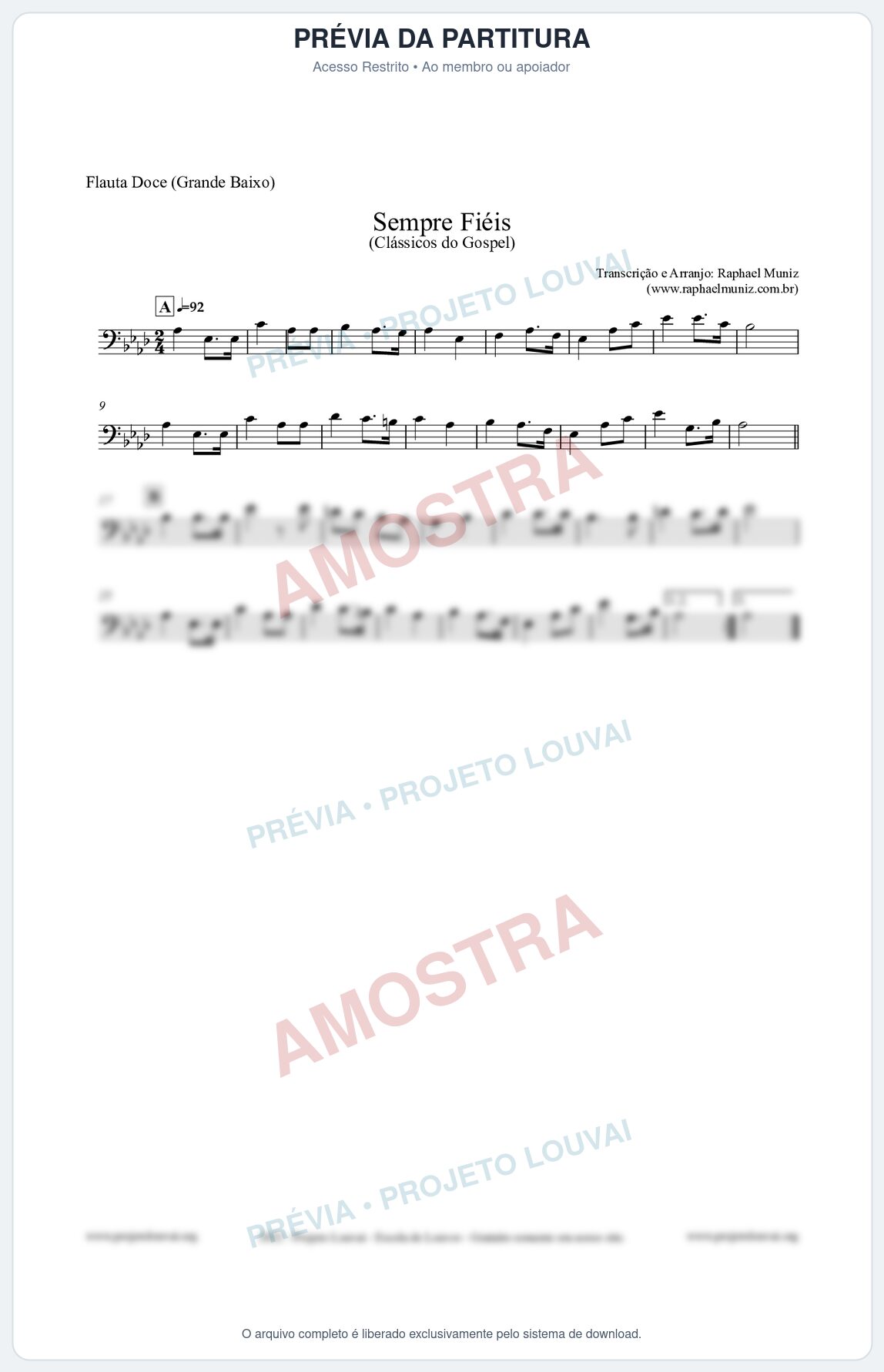 Prévia protegida da primeira página da partitura Partitura para Flauta Doce (Grande Baixo) - Sempre Fiéis - Harpa Cristã nº50 - Clássicos do Gospel