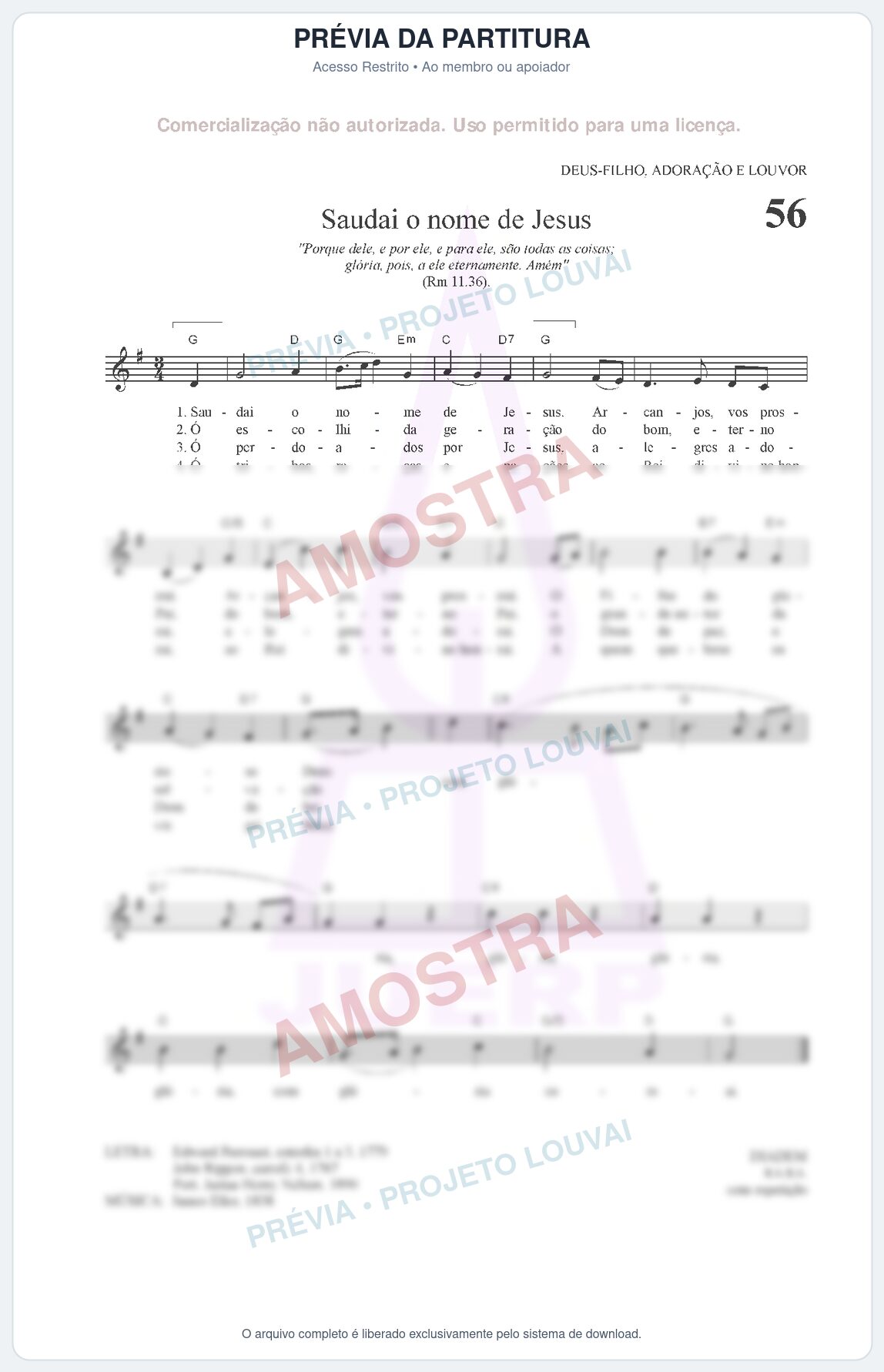 Prévia protegida da primeira página da partitura Partitura para Clarinete em Dó - Saudai o nome de Jesus - HCC nº56 - Clássicos do Gospel