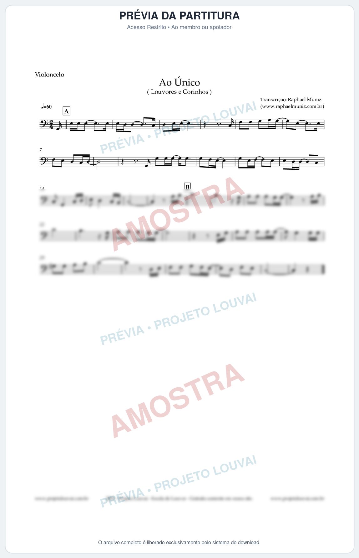 Prévia protegida da primeira página da partitura Partitura para Violoncelo - Ao Único - Louvores e Corinhos Gospel