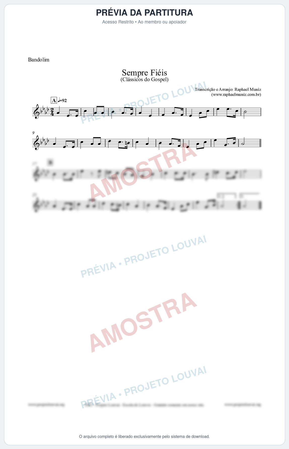 Prévia protegida da primeira página da partitura Partitura para Bandolim - Sempre Fiéis - Harpa Cristã nº50 - Clássicos do Gospel