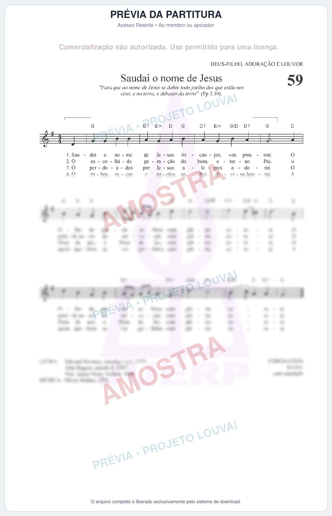 Prévia protegida da primeira página da partitura Partitura para Oficleide - Saudai o nome de Jesus - HCC nº59 - Clássicos do Gospel