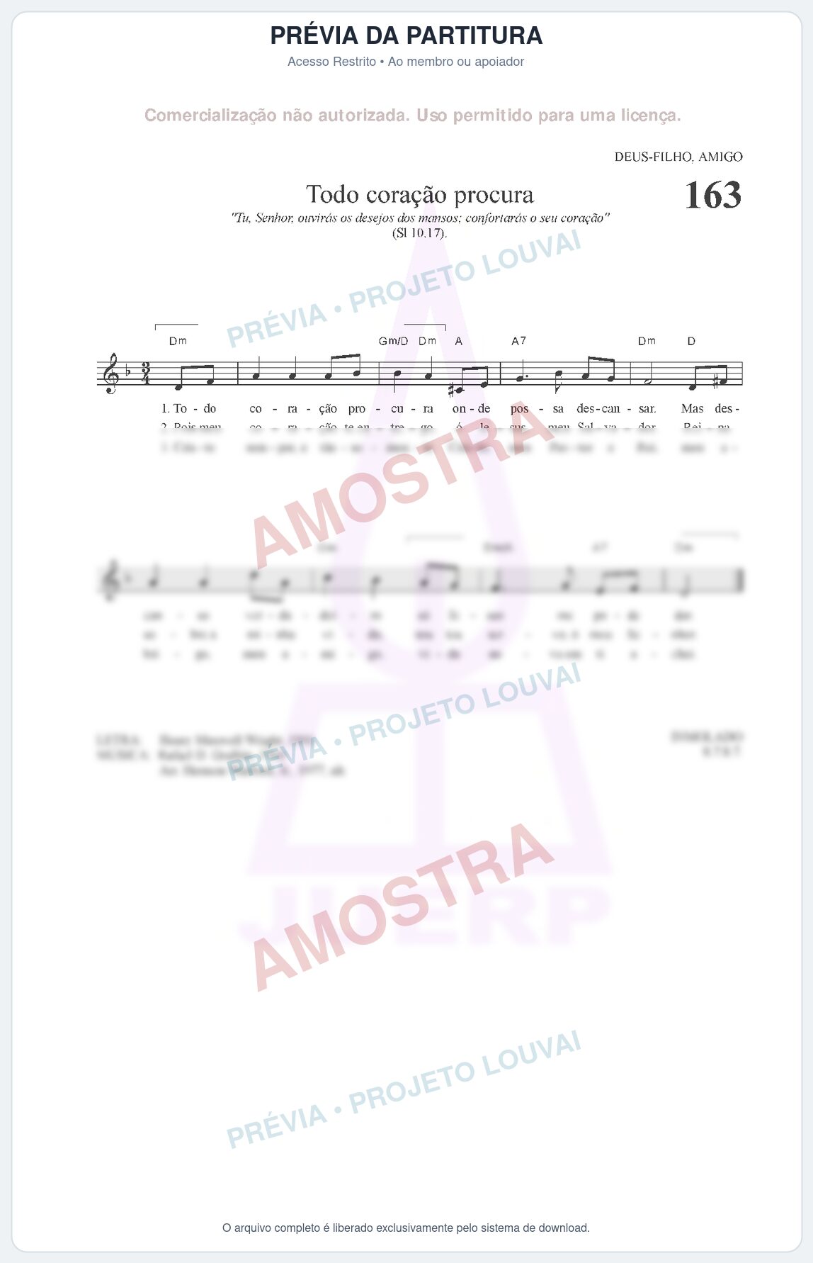 Prévia protegida da primeira página da partitura Partitura da música Todo coração procura (HCC 163) - Hinário para o Culto Cristão - Tom Dm