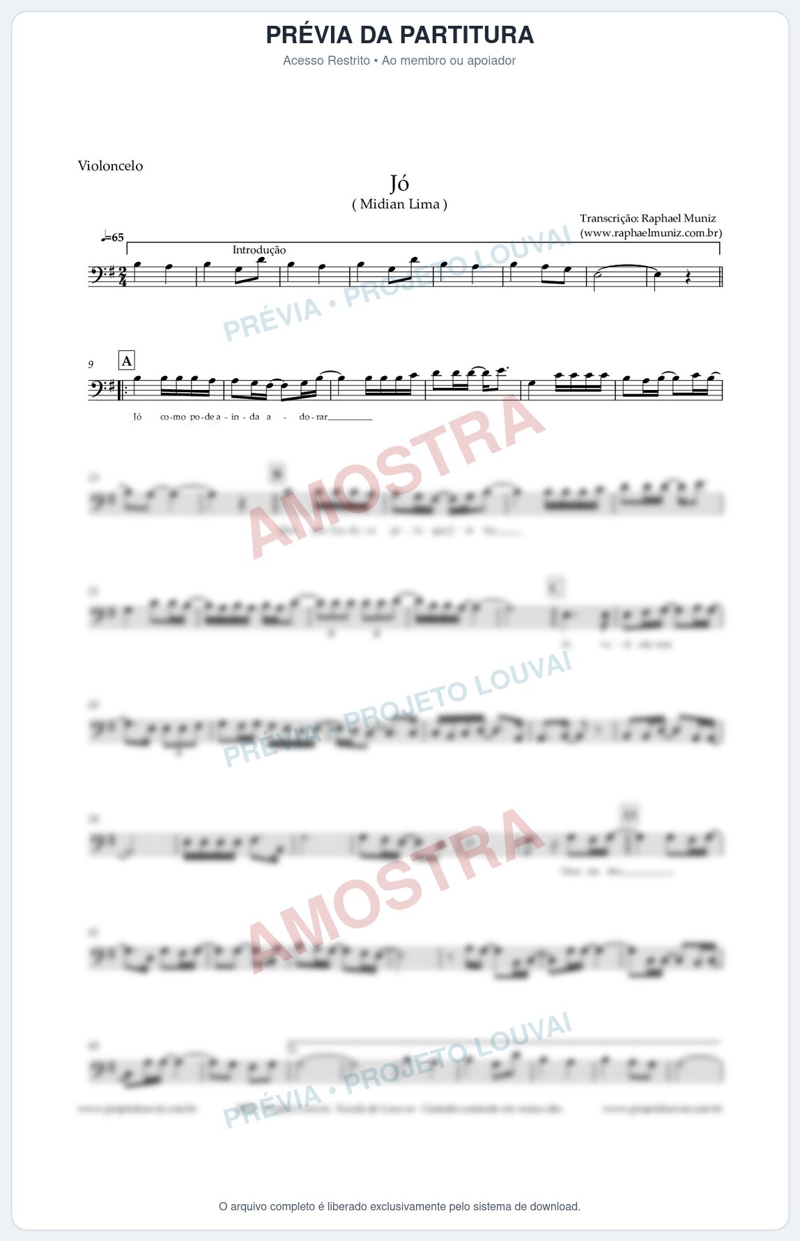Prévia protegida da primeira página da partitura Partitura para Violoncelo - Jó - Midian Lima