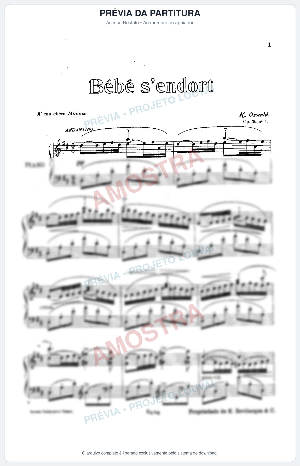 Prévia protegida da primeira página da partitura Partitura para Piano - Bébé s endort - Henrique Oswald