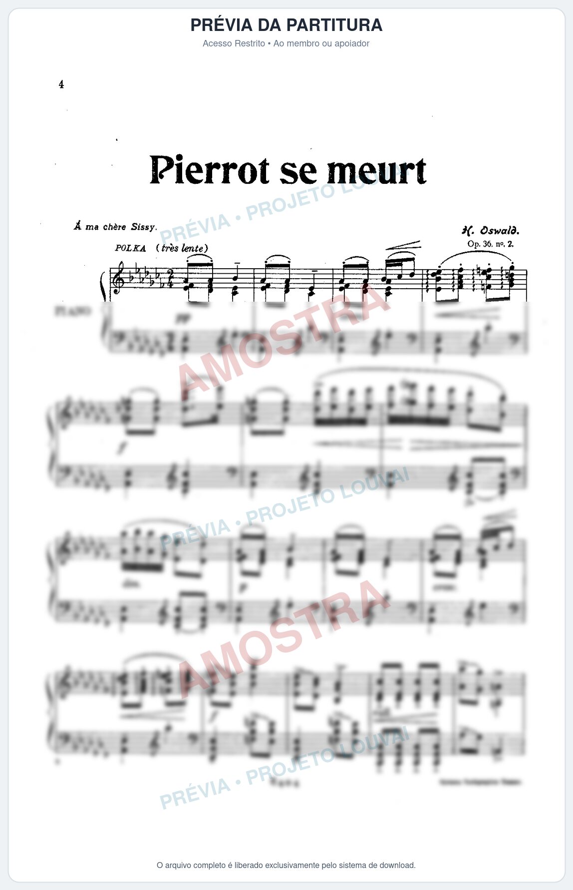Prévia protegida da primeira página da partitura Partitura para Piano - Pierrot se meurt - Henrique Oswald
