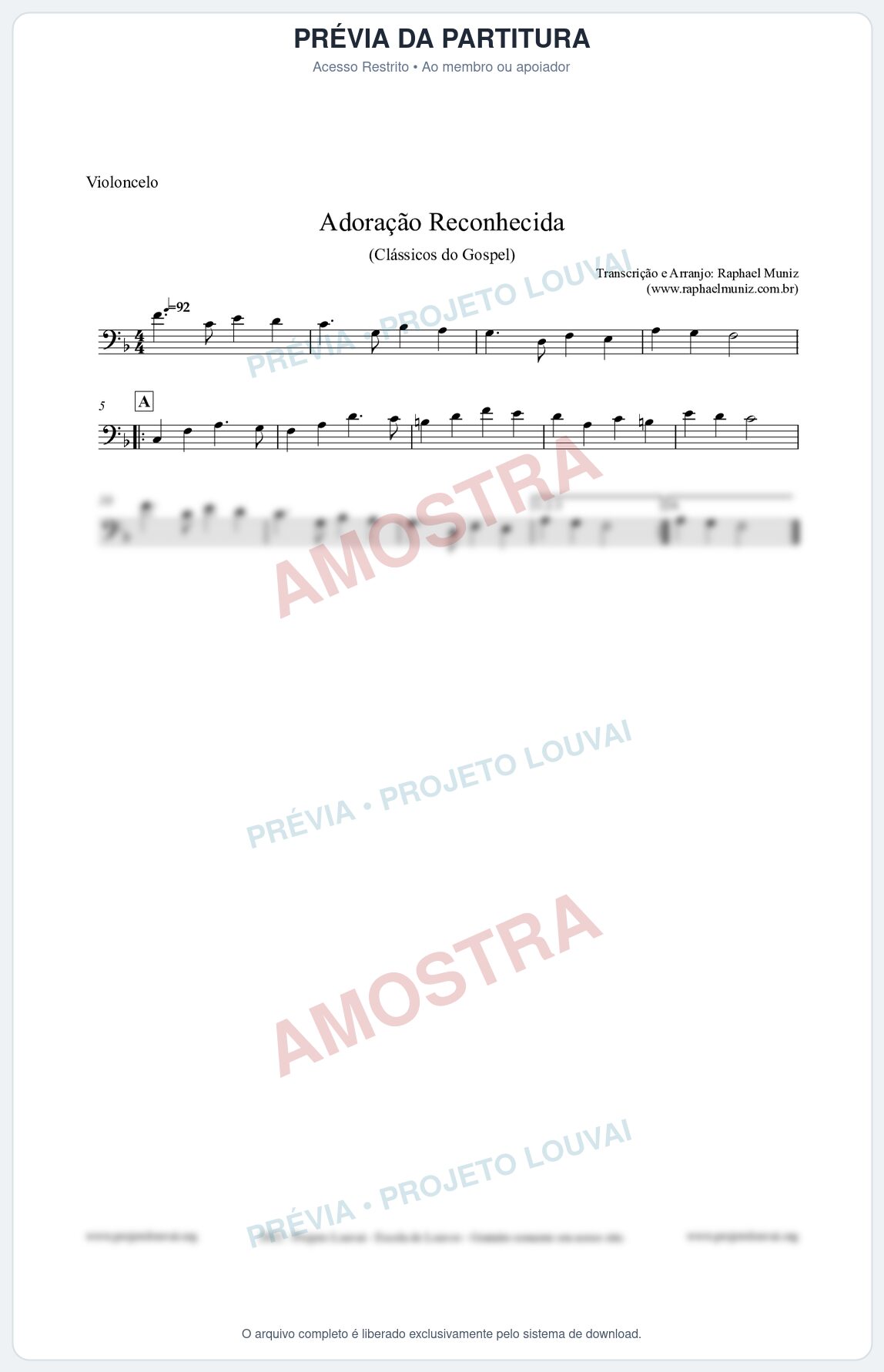 Prévia protegida da primeira página da partitura Partitura para Violoncelo - Adoração Reconhecida - Harpa Cristã nº51 - Clássicos do Gospel