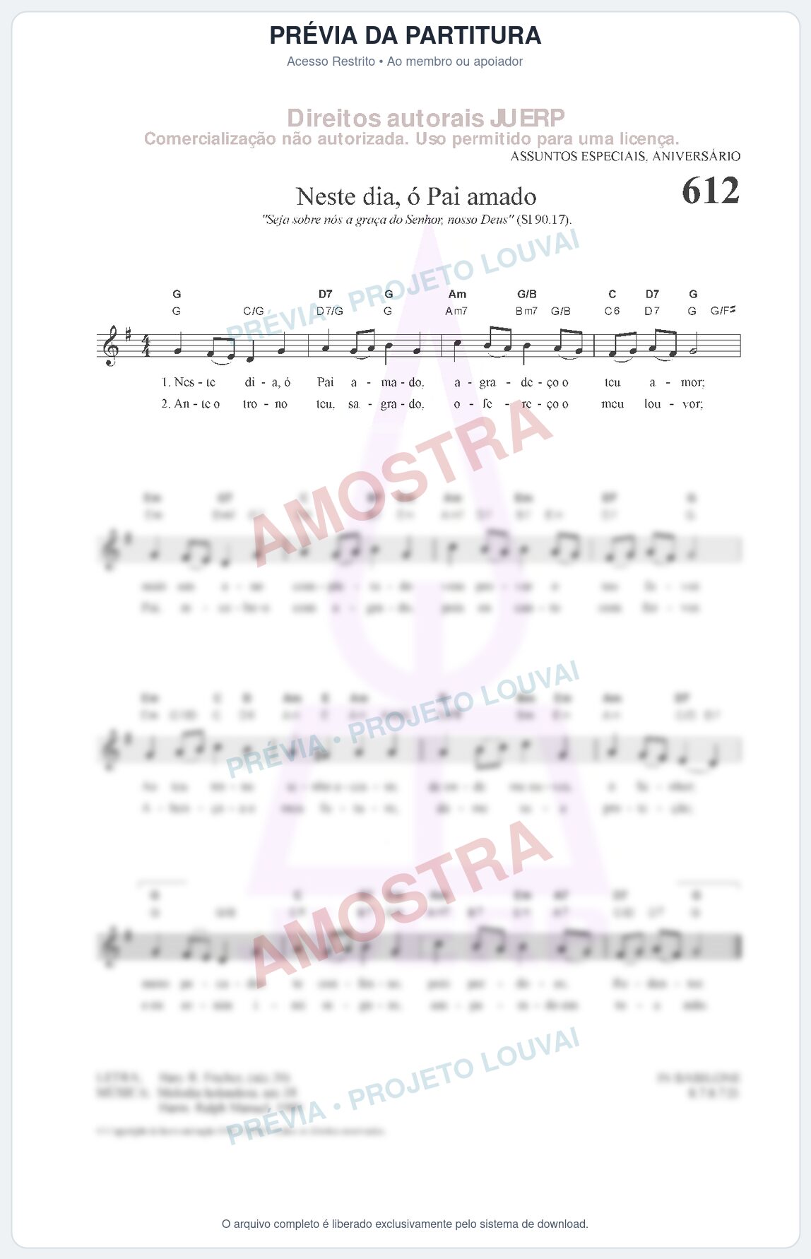 Prévia protegida da primeira página da partitura Partitura da música Neste dia, ó Pai amado (HCC 612) - Hinário para o Culto Cristão - Tom G