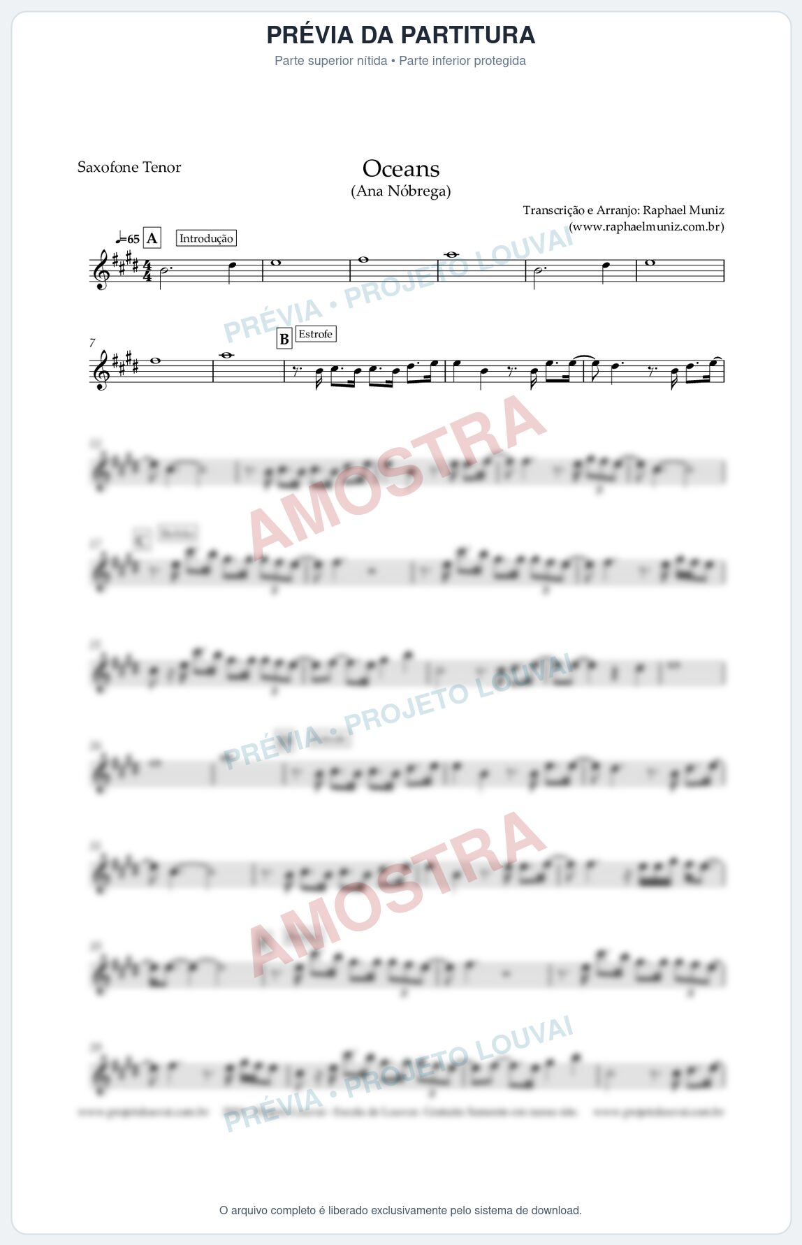 Prévia protegida da primeira página da partitura Partitura para Sax Tenor - Oceans (Oceanos) - Ana Nóbrega