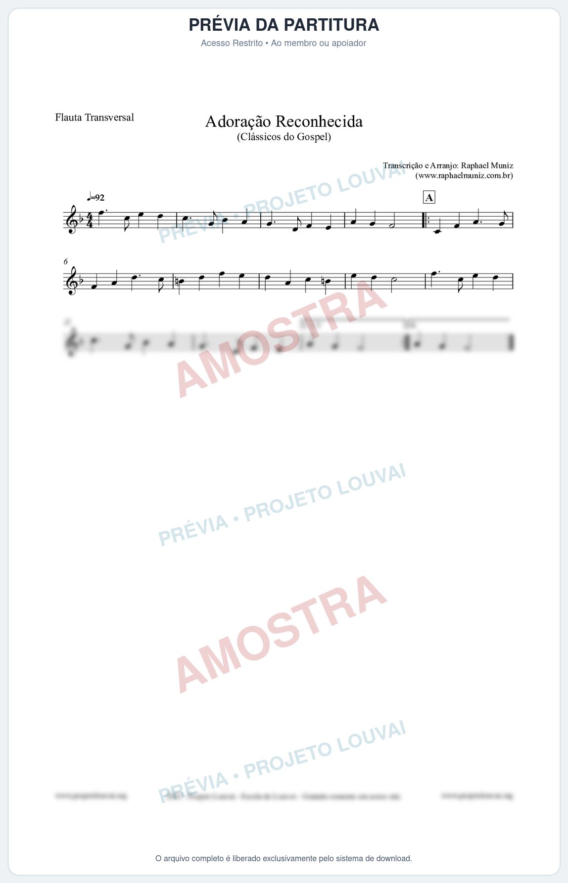 Prévia protegida da primeira página da partitura Partitura para Flauta Transversal - Adoração Reconhecida - Harpa Cristã nº51 - Clássicos do Gospel