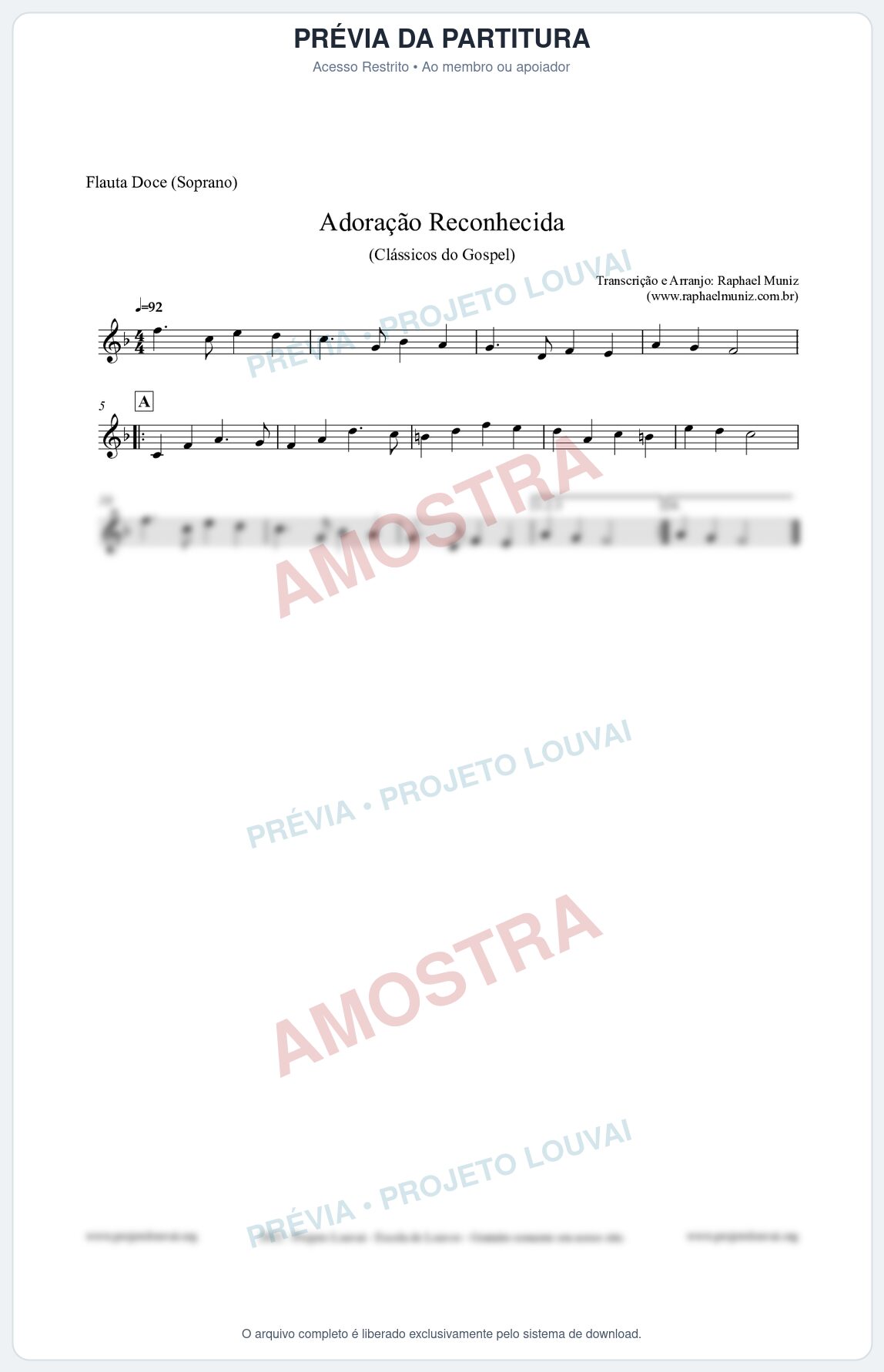 Prévia protegida da primeira página da partitura Partitura para Flauta Doce (Soprano) - Adoração Reconhecida - Harpa Cristã nº51 - Clássicos do Gospel