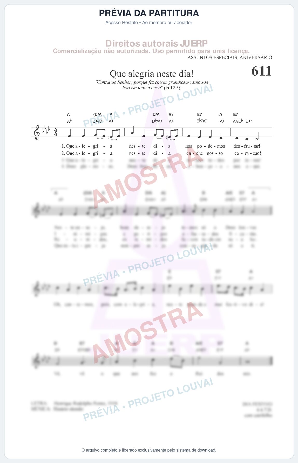 Prévia protegida da primeira página da partitura Partitura da música Que alegria neste dia! (HCC 611) - Hinário para o Culto Cristão - Tom Ab