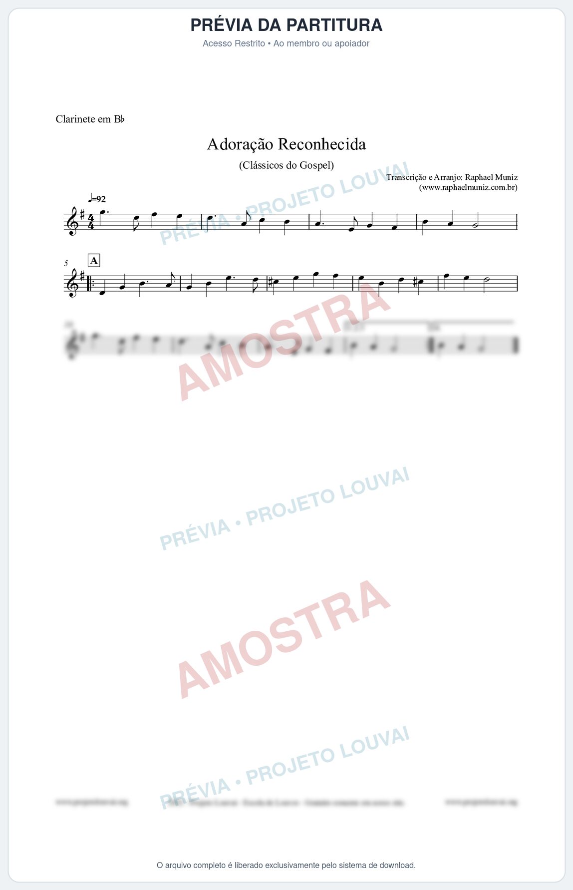 Prévia protegida da primeira página da partitura Partitura para Clarinete em Bb - Adoração Reconhecida - Harpa Cristã nº51 - Clássicos do Gospel