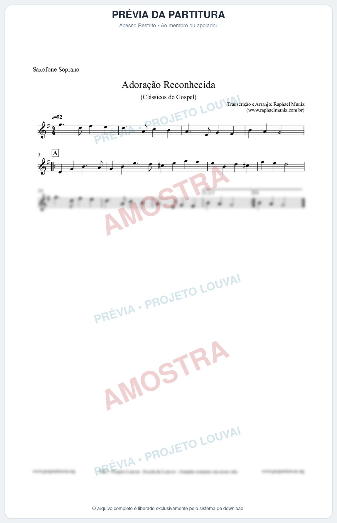 Prévia protegida da primeira página da partitura Partitura para Saxofone Soprano - Adoração Reconhecida - Harpa Cristã nº51 - Clássicos do Gospel