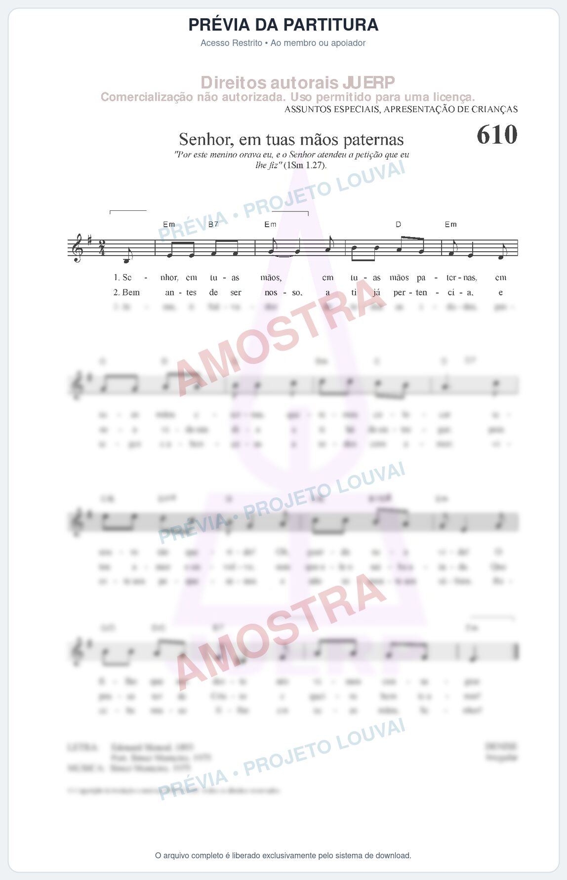 Prévia protegida da primeira página da partitura Partitura da música Senhor, em tuas mãos paternas (HCC 610) - Hinário para o Culto Cristão - Tom Em