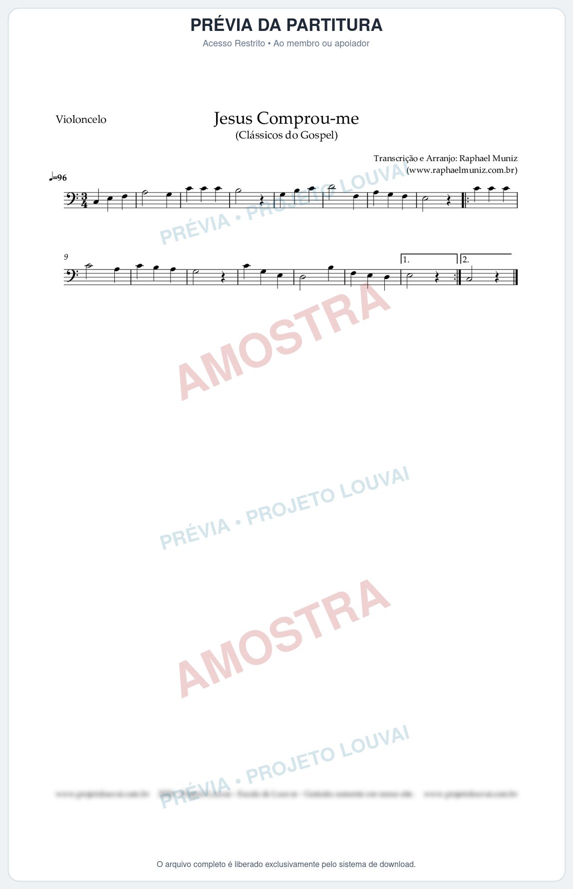 Prévia protegida da primeira página da partitura Partitura para Violoncelo - Jesus Comprou-me - Harpa Cristã nº13 - Clássicos do Gospel
