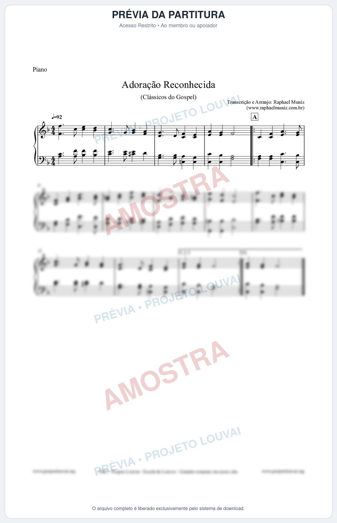 Prévia protegida da primeira página da partitura Partitura para Piano - Adoração Reconhecida - Harpa Cristã nº51 - Clássicos do Gospel