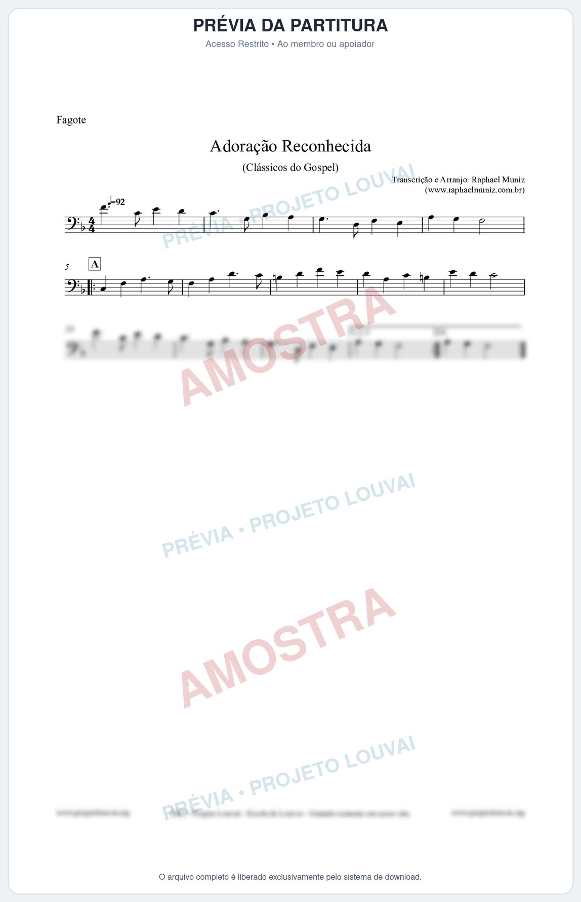 Prévia protegida da primeira página da partitura Partitura para Fagote - Adoração Reconhecida - Harpa Cristã nº51 - Clássicos do Gospel