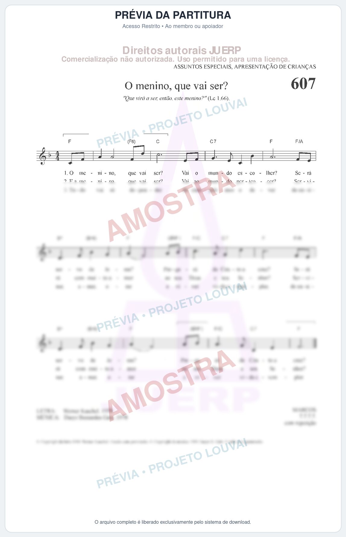 Prévia protegida da primeira página da partitura Partitura da música O menino, que vai ser (HCC 607) - Hinário para o Culto Cristão - Tom F