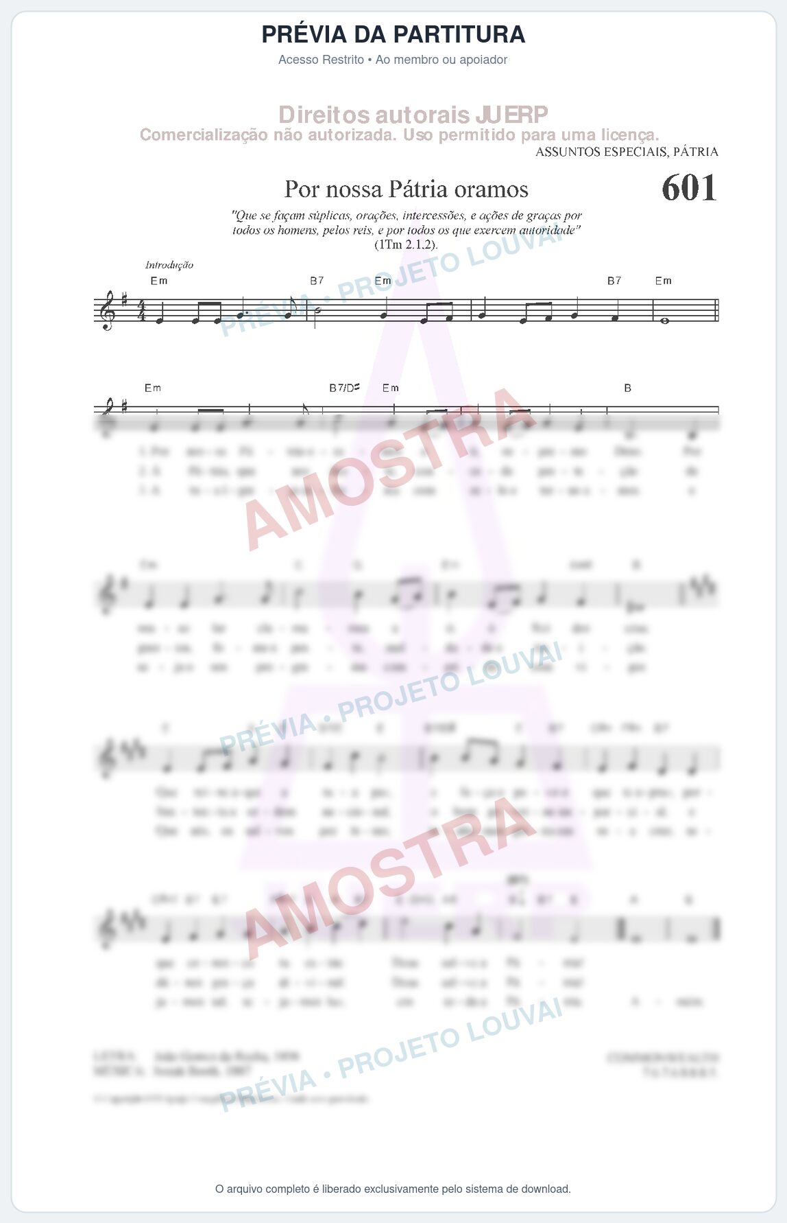 Prévia protegida da primeira página da partitura Partitura da música Por nossa Pátria oramos (HCC 601) - Hinário para o Culto Cristão - Tom Em