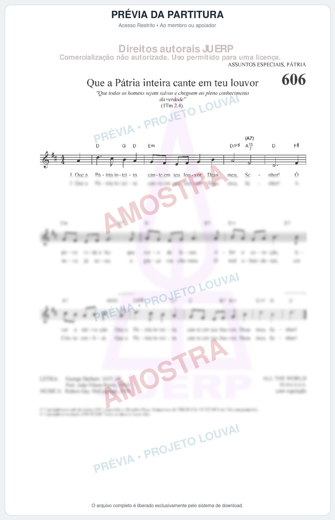 Prévia protegida da primeira página da partitura Partitura da música Que a Pátria inteira cante em teu louvor (HCC 606) - Hinário para o Culto Cristão - Tom D