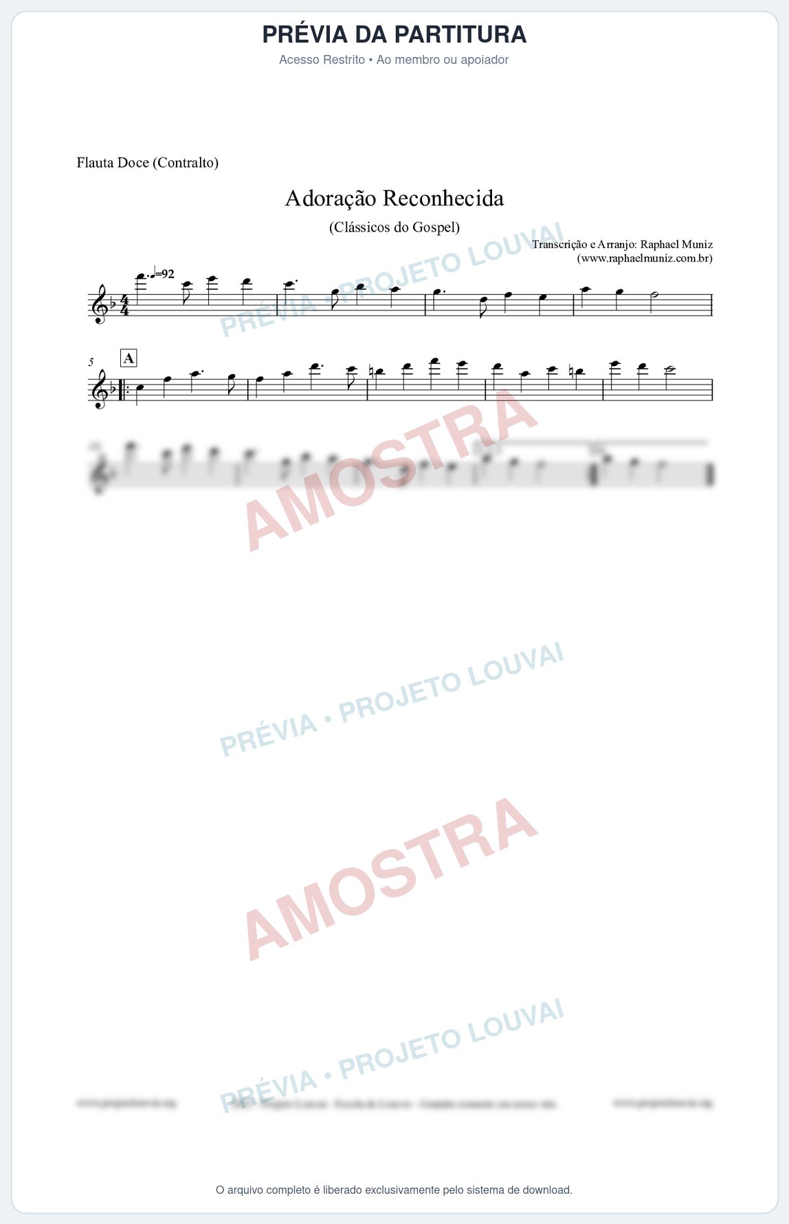 Prévia protegida da primeira página da partitura Partitura para Flauta Doce (Contralto) - Adoração Reconhecida - Harpa Cristã nº51 - Clássicos do Gospel