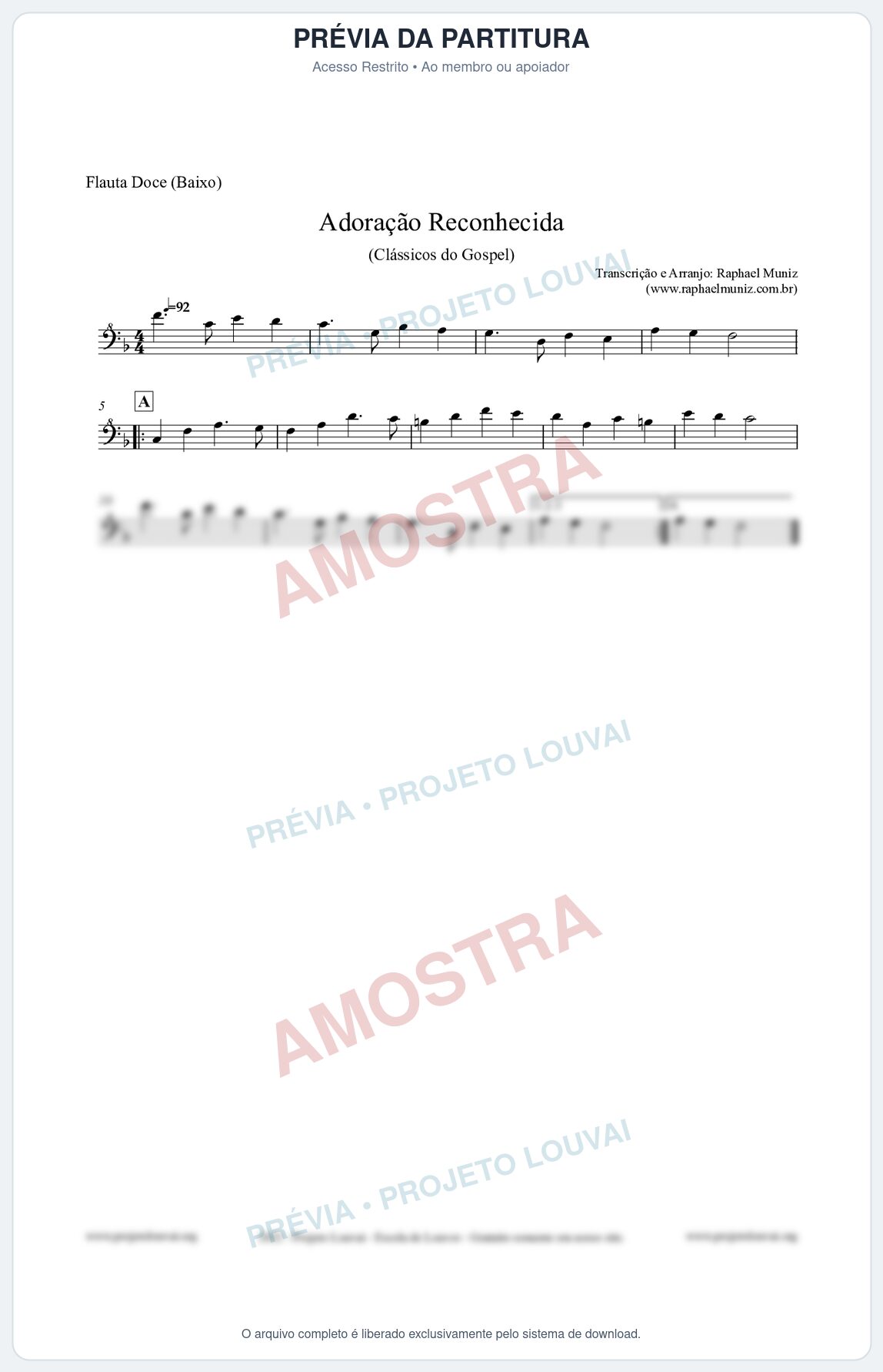 Prévia protegida da primeira página da partitura Partitura para Flauta Doce (Baixo) - Adoração Reconhecida - Harpa Cristã nº51 - Clássicos do Gospel