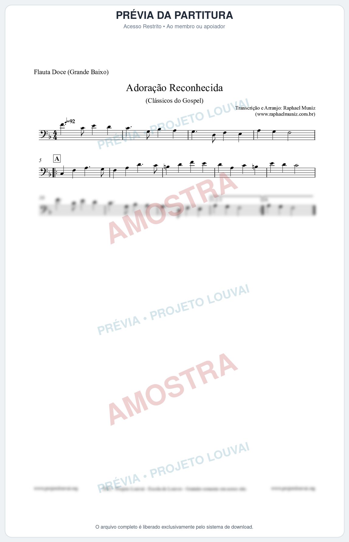 Prévia protegida da primeira página da partitura Partitura para Flauta Doce (Grande Baixo) - Adoração Reconhecida - Harpa Cristã nº51 - Clássicos do Gospel